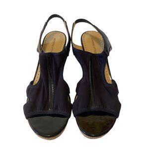 Adrienne Vittadini Black Cloth & Patent Leather Peep Toe Cork Wedge Heels.